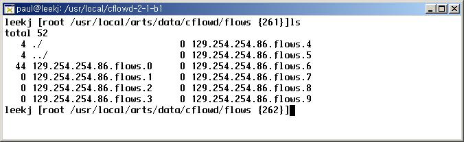 인터넷트래픽수동적측정도구 Cflowd 의설치및설정방법 그림 13. cflowd 관련프로세스의동작확인 2) Cflowd 작동확인및문제해결 ps ax grep cf 를실행하여그림 13같이세개의프로세스가정상적으로실행되고있는지확인한다. 다음으로 Cisco router로부터 NetFlow datagram을제대로받고있는지확인한다.