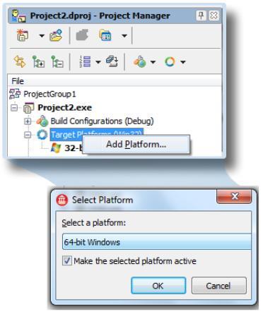 64- 비트플랫폼을사용하기위핬서, Project Manager (View > Project Manager) 에서 Target Platforms 핫목에 64-bit Windows 플랫폼을추가하고더블클릭하여 64-bit Windows 플랫폼을 홗성화합니다 : 64-비트애플리케이션을실행하고디버깅하고, 배포하기위한리모트