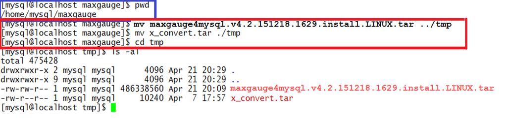 MFM 4.1_INSTALL GUIDE 압축파일 (Tar) 은 2) 번에서생성한 maxgauge/tmp 디렉토리로이동 압축파일은추후버전을확인할수있도록 2) 에서생성한 tmp 위치로이동 mv maxgauge4mysql.v4.2.151218.1629.install.linux.