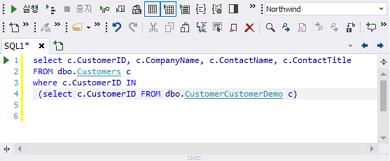SQLGate for SQL Server Developer User Guide 27 하위쿼리블록실행하기 SQL 편집기의하위쿼리블록실행하는방법을설명합니다. 1.