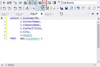 SQLGate for SQL Server Developer User Guide 43 2. 주메뉴파일 > 새로만들기 >SQL 편집기를실행합니다. 또는새로만들기도구모음에서 SQL 쿼리편집기를클릭하거나 Ctrl+N 를누릅니다. 3. SQL 을작성합니다. 4. 주메뉴쿼리 >SQL 맞춤을실행합니다.