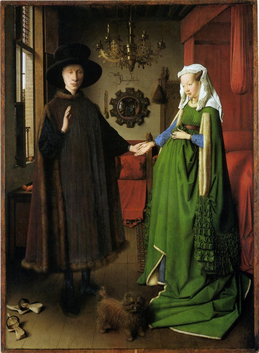 Name: Art History 미술사 Jan van Eyck, The Arnolfini Portrait, 1434. Please list what you see, including their location and appearance. 자신의위치와외형을포함하여표시내용을나열하십시오.
