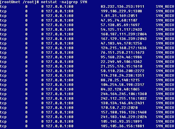 분명히 localhost 에서공격을했음에도위그림에서처럼 80 번포트로 SYN 패킷을요청한 IP 주소는랜덤하게보이고있어도무지어떤 IP 에서공격하고있는것인지알수없다. 실제로공격지 IP 를확인해보면대부분이현재인터넷상에연결되지않은존재하지않는위조된 IP 들이다.