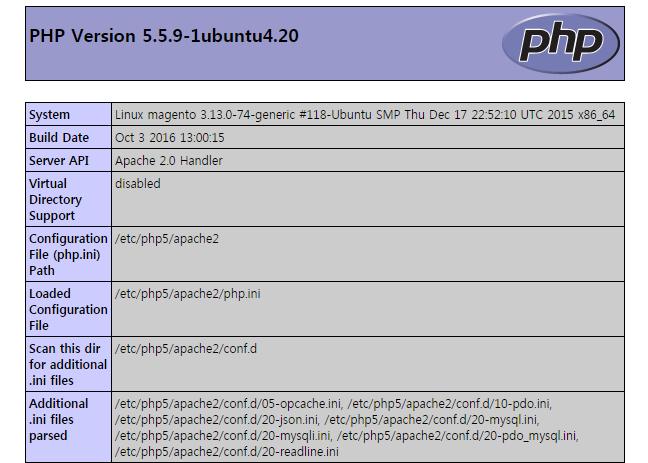 Page 7 / 11 <PHP 설치가완료되면확인할수있는 PHPinfo 페이지 > 9) Magento 를위한 MySQL 데이터베이스와사용자를생성합니다.
