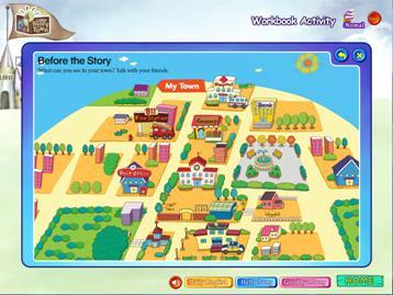 Level 4-8 Where Is the Grocery? Lesson Plan: Week 1 Day 1 Presentation & Application [14 분 ] 1. Before the Story [Hybrid CD] Workbook Activity 의 Before the Story 메뉴를선택한다. T: Look! It's my town.