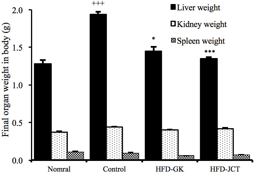 16 Anti-obesity Effect of Jeoreongchajeonja-tang in a High-fat Diet-induced Obesity Mouse model 2) 간, 신장, 비장중량변화에미치는영향장기를적출하여간, 신장, 비장의중량을칭량하였다.