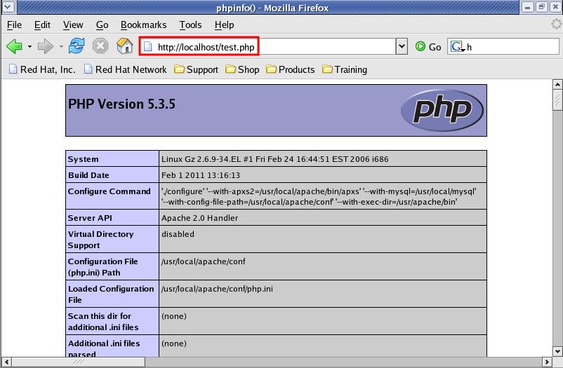 [ 설명 ] WEB 문서를생성합니다. [root@gz bin]# cd /usr/local/apache/htdocs/ [root@gz htdocs]# vi test.php <?php phpinfo();?> [ 설명 ] WEB 브라우저를이용하여정상적으로가동되는지확인합니다. DNS에 Gz.