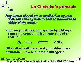 10-1. 르샤틀리에원리 1884년에르샤틀리에 ( Henri-Lewis Le Chatelier) 는그의유명한평형 (Equilibrium) 의원리를발견을이끌어줄관찰을하였다. 이원리는다음과같다. 평형상태의계 (system) 에스트레스 (stress) 를주면그스트레스를감소시키는방향으로평형점이이동된다.