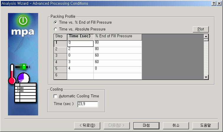 Machine Clamp Open Time (sec) : 제품취출시간이다. 최종성형 cycle time을계산하기위하여필요로한다. Packing Profile : 보압설정을입력하는곳이다. % 충진압력또는절대압력과시간의관계로설정한다. 여기서 % 충진압력이란보압전환시점의압력을 100% 로계산한다.