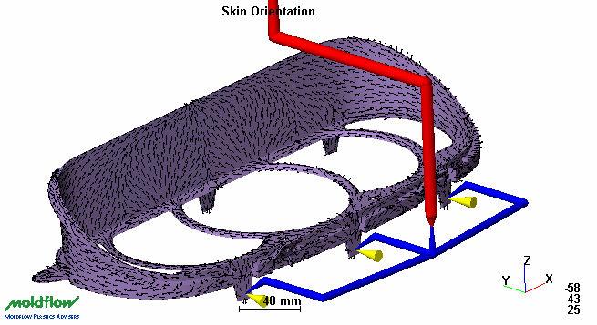 3-10) Skin Orientation Skin Orientation Result는충진과정에서발생하는 수지의 전단변형에의한제품표면부의고분자와보강재의배향방향을보여준다. 이러한배향방향은수지흐름방향과일치하는데이것은충진과정중표면층의수지는곧바로고화가이루어지기때문이다.