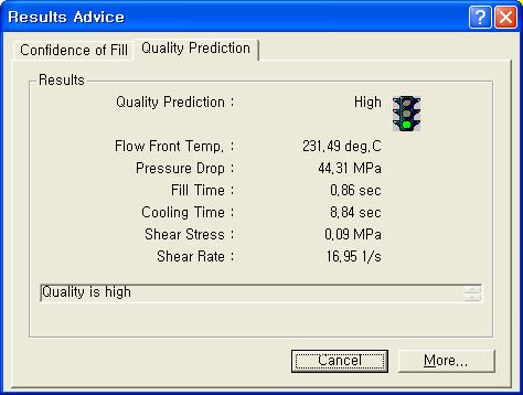 3-12) Quality Prediction Quality Prediction 결과는제품의예상되는품질을여러가지기준으로분석하여이를나타낸다. 이를판단하는기준은 Flow Front Temperature, Pressure Drop, Cooling Time, Shear Rate, Shear Stress이다. 이결과역시신호등표시의 3가지색상으로나타낸다.