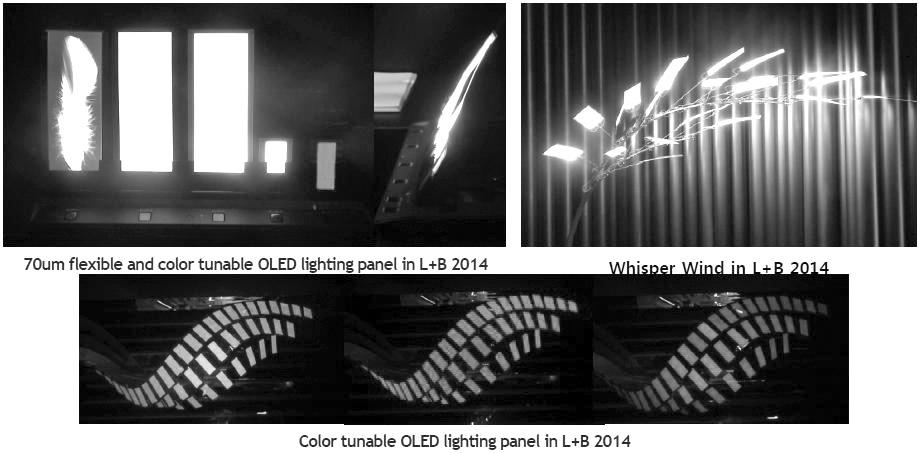 35mm 두께의 150x60mm Flexible OLED 조명 Panel을 2014년 4월에 200달러수준으로출시함 Lighting Japan 2013에서 Printing 방식으로직접개발한 134x134mm Size의 OLED 조명 Panel 을전시하였음 Lighting Fair