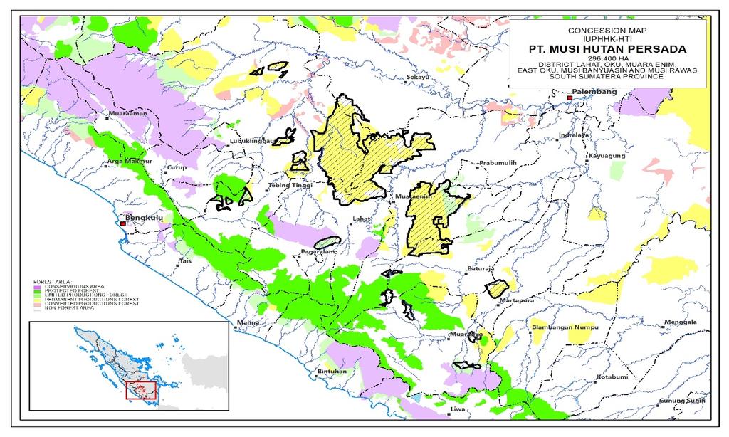인도네시아 해외산림투자 실무가이드 [그림 5.1] 남부 Sumatra PT. Musi Hutan Persada의 사업대상지 PT. MPH는 산업용 산림자원개발사업에 있어 다음과 같은 기업 비 전, 임무 및 중심 가치 등을 수립하였다. a.