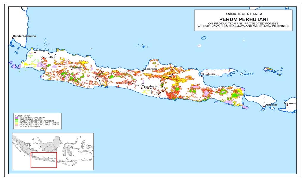 인도네시아해외산림투자실무가이드 < 표 5.4> 영림공사작업지역및규모 : No. 구분 면적 (ha) 관리소 ( 개수 ) 계획분과 ( 개수 ) 1. Banten 및서부 Java 지역 678,244.60 14 4 2. 중부 Java 지역 635,746.78 20 4 3. 동부 Java 지역 1,134,052.