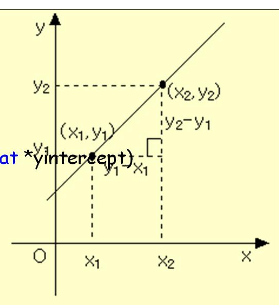 예제 #include <stdio.h> struct point int x; int y; ; // 기울기와 y 절편을계산 int get_line_parameter(struct point p1, struct point p2, float *slope, float *yintercept) if( p1.x == p2.