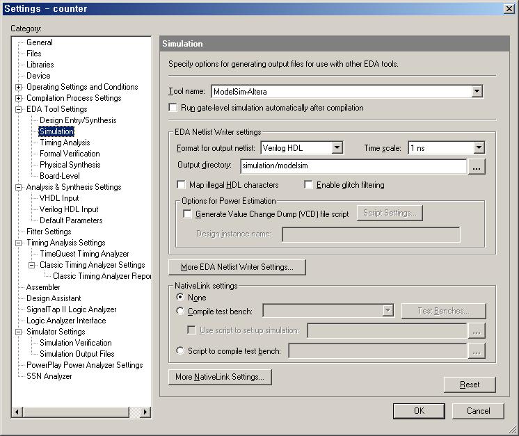 2.4. Timing 시뮬레이션을위한 Netlist 파일생성 - Netlist 파일생성을위한 Quartus II 프로젝트설정 1) 프로젝트설정 Assignments - Settings Category에서 Simulation 선택. 그림 24에서 Tool name과 EDA Netlist Writer settings 내용확인 그림 24.