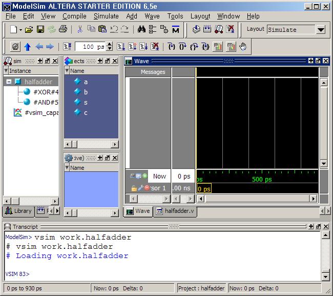❶ ❷ 그림 13. VSIM 시뮬레이터를통한오브젝트적재 (b) 시뮬레이션이필요한오브젝트들을드래그하여 Wave 윈도우에시그널로추가.