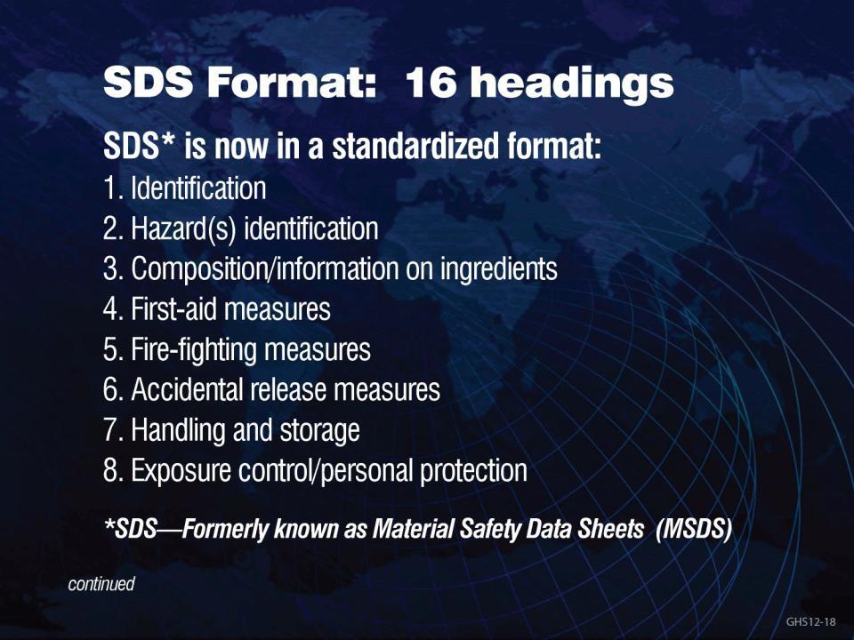 SDS 양식 : 16 개제목 SDS 는기준양식에맞추어있음 1. 이름 ( 화학물질및제조사, 비상연락번호등등 ) 2.