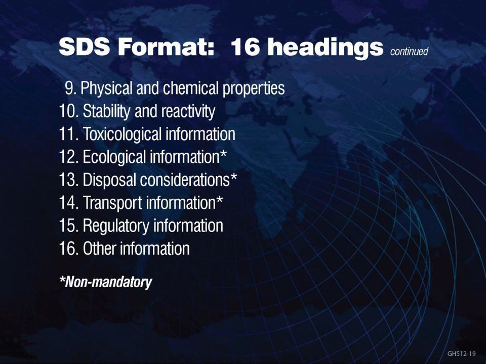 SDS 양식 : 16 개제목 ( 계속 ) SDS 는기본양식에맞추어있음 9. 물리적및화학적특성 10. 안정성및반응성 11.