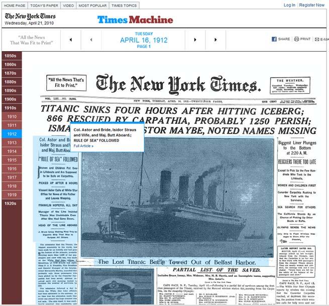 Case) New York Times: TimeMachine 대규모의데이터아카이브 (archive) 1851 년부터 1922 년까지의일간신문 http://timesmachine.nytimes.