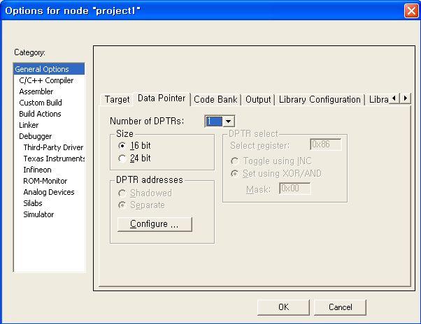 * EW8051 C/C++ Compiler Reference Guide 참고 (#page 19/366) CPU 사양에따라서, DPTR 번지설정을중복 (Shadowed) 방식과구분 (Separate) 방식으로나눌수있으며, Configure 를통해서원하는 DPTR 번지를직접입력하여사용할수도있다.