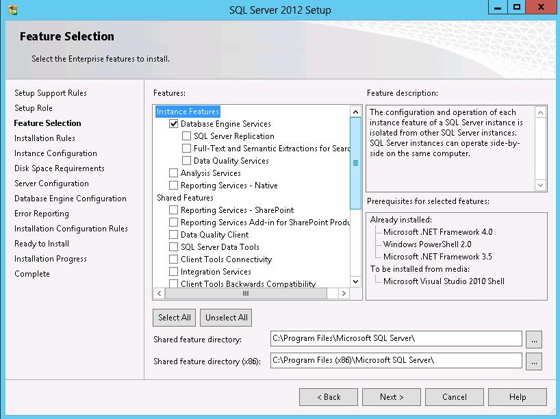 4 장 : 솔루션구축 그림 14. 설치마법사의 SQL Server 2012 기능선택 7. Instance Configuration 대화상자에서설치할인스턴스 ( 기본인스턴스또는명명된인스턴스 ) 를지정합니다.