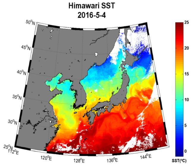 해양전선 해수면온도장을이용하여산출한해양전선 < 입력자료 > < 해양전선 > 2016 년 5 월 4 일예시 Gradient