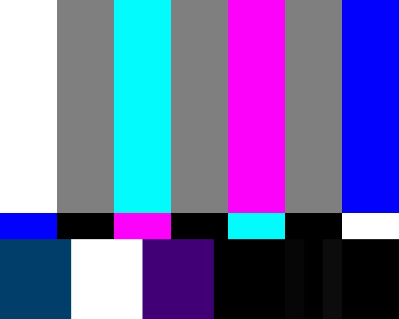 색의 Saturation( 채도 ) 와 Hue( 색조 ) NTSC TV 의파란색신호가작은변화에가장민감하기때문에파란색필터는쉽게컬러채도와색조를보정할수있음. 백색과청색의막대로채도를설정한다. 색상의채도가올바르게설정되면백색과흑색의바가올바르게표현됨.
