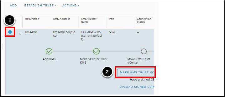 1. Make vcenter Trust KMS(vCenter 가 KMS 를신뢰하도록설정 ) 팝업창에서 TRUST( 신뢰 ) 버튼을클릭합니다.
