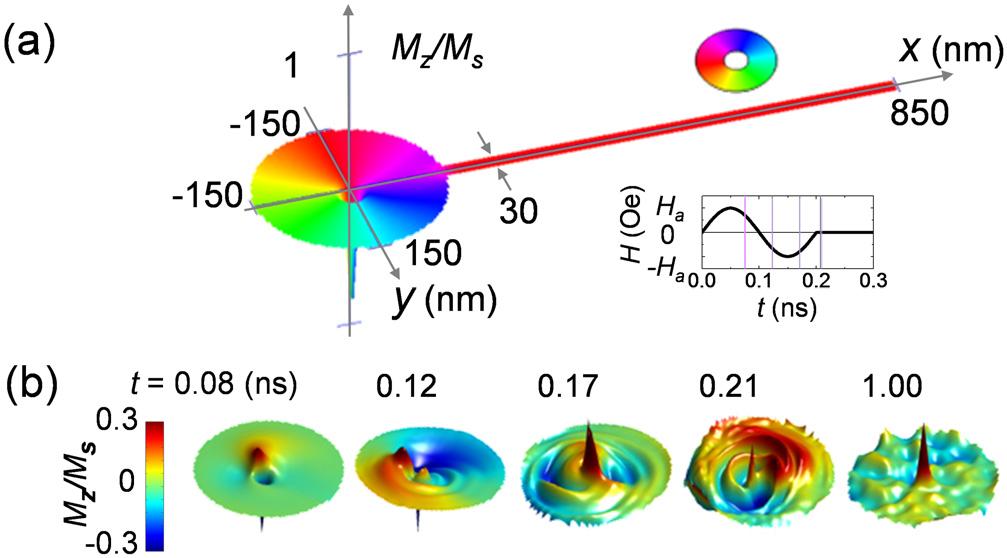(b) Perspective-view images of spatial distributions of local values of out-of-plane magnetization component normalized by its saturation value, M z /M s at the indicated times.