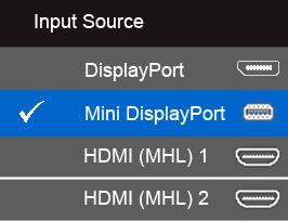 B) 모니터가콘텐트를표시하지못하는경우 ( 빈화면 ) 1. 및버튼을사용하여 DisplayPort 또는 Mini DisplayPort 를선택합니다. 2. 키를약 8 초동안누르고있습니다. 3. DisplayPort 구성메시지가표시됩니다.
