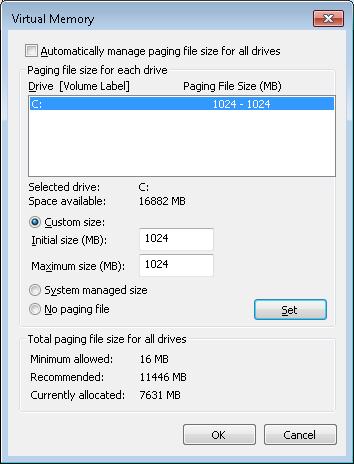 7. 가상메모리에서 Change( 변경 ) 를클릭합니다. 8. Automatically manage paging file size for all drives( 모든드라이브에대한페이징파일크기자동관리 ) 를취소합니다. 9. C:\ 드라이브를선택하여강조표시합니다. 10. Custom size( 사용자지정크기 ) 를선택합니다. 11.