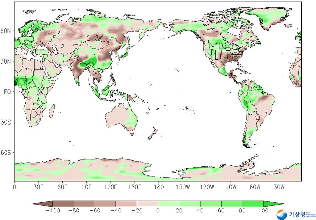 세계의기후 8월기온및강수량편차 기온 ( 단위 : ) 강수량 ( 단위 : mm ) 자료출처 : NCEP(National Centers for Environmental Prediction )/NCAR(National Center for Atmospheric Research ) ( 기온 ) 아프리카북부, 유럽북부, 러시아, 동시베리아, 알래스카,