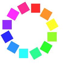 색상표 14 size(600, 400); background(255); nostroke(); colormode(hsb, 120); rectmode(center); translate(120, 30);