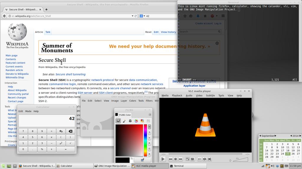 블록체인과오픈소스 A screenshot of Linux Mint running the Xfce desktop environment, Mozilla Firefox browsing Wikipedia powered by MediaWiki, a calculator