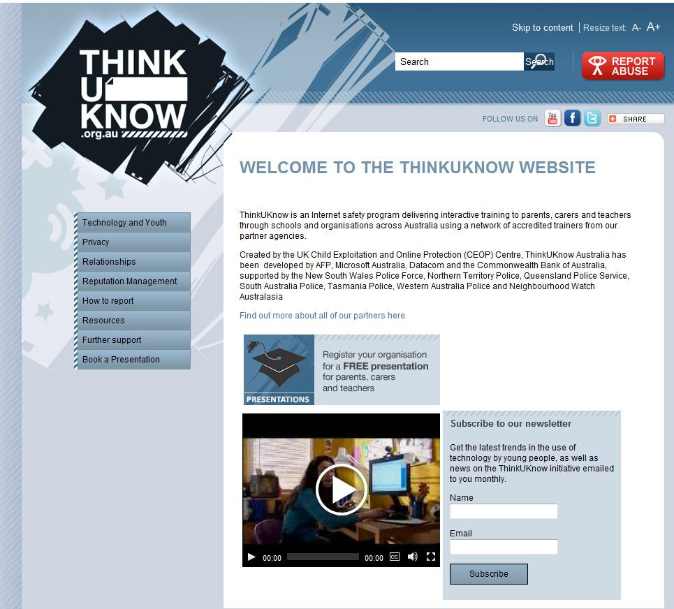 154 청소년사이버폭력의유형분석및대응방안연구 종정보 (Resources: 각종지침이나뉴스레터 ) 등에대한내용을다루고있다. [ 그림 4-17] ThinkUKnow 프로그램홈페이지 출처 : 영국인터넷안전프로그램홈페이지 (http://www.thinkuknow.org.