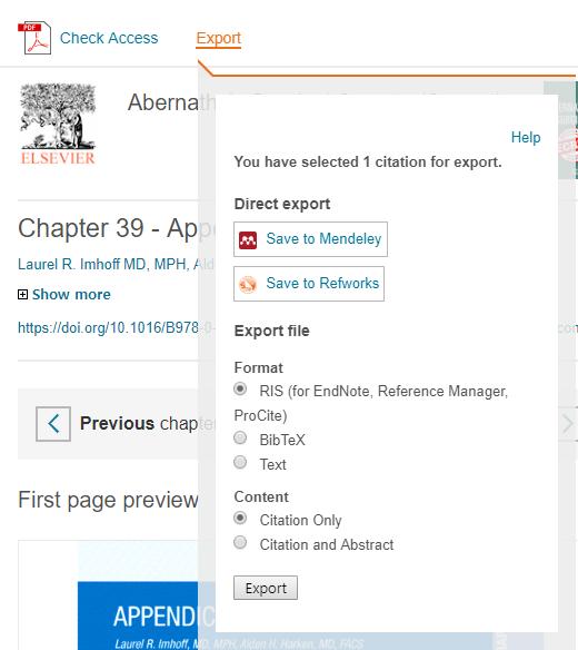 Book 형식반입 Sciencedirect 사이트에서 Book 또는 Book chapter 형식으로반입할수있다. 1) 반입받을 EndNote Library 를연다. 2) 반입받을자료를체크하고 Export citation 메뉴를클릭한다.