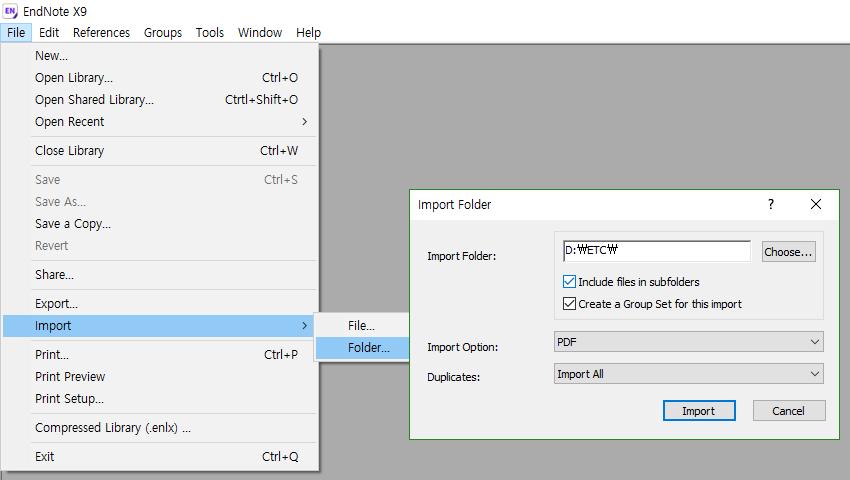 3. Import Folder (PDF 파일에서 Import) 컴퓨터에저장된 PDF 파일에서 EndNote Library 로 Reference 를생성할수있다 반입방법 1) EndNote 메뉴 File Import Folder 를클릭한다. File : 하나의 PDF 파일에서 Reference 생성한다.
