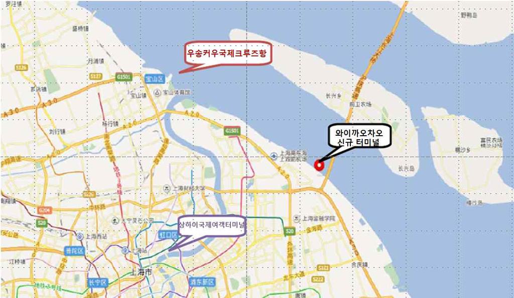 1. 상하이상하이크루즈항은홍커우구베이와이탄 ( ) 에위치한상하이국제여객터미널, 바오산구우송커우 ( ) 국제크루즈터미널을두축으로하는 일항양구 ( ) 구도를형성했다.