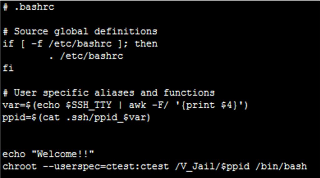 -.bashrc - #.bashrc trap "" 2 3 9 # Source global definitions if [ -f /etc/bashrc ]; then. /etc/bashrc fi # User specific aliases and functions var=$(echo $SSH_TTY awk -F/ 'print $4') ppid=$(cat.