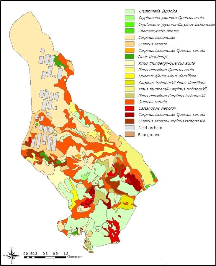 제주시험림산림식생의군락분포에관한연구 209 Larix forest(deciduous) Evergreen broad-leaved forest 8.0 18.9 Carpinus tschonoskii-pinus densiflora community 13.9 1.1 Pinus thunbergii-carpinus tschonoskii community 54.5 4.