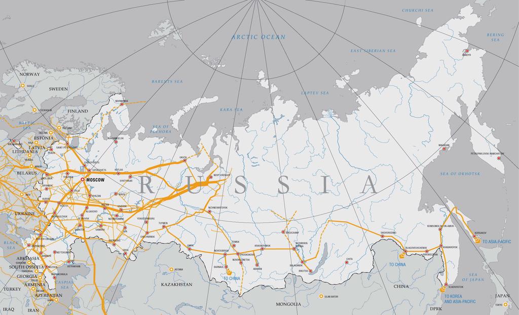 제2장 러시아 천연가스 도입 관련 배경 및 여건 분석 13 2008년의 처리량은 714십억 에 달했고, 용량이 거의 한계에 이르러 수송설비의 추가건설 및 보수작업을 진행하고 있음. [그림 2-2] 러시아 통합가스시스템(UGSS) 자료 : 가즈프롬 홈페이지(http://www.gazprom.