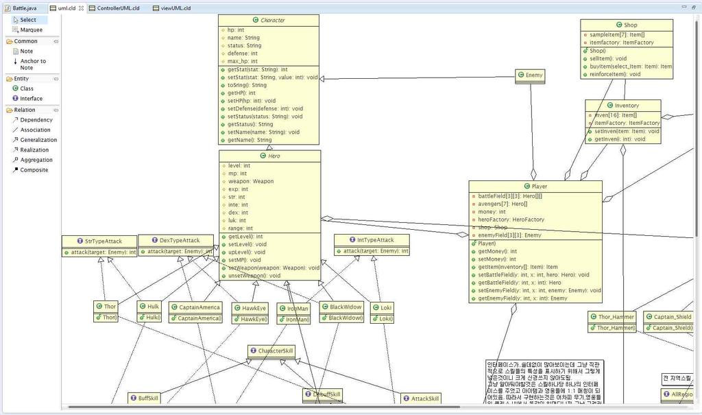 Amateras UML 을이용하여 Elipse 내에서 Class Diagram 을그린모습, Amateras 는 Class Diagram, Activity Diagram, Sequence Diagram, Use-Case Diagram 기능을제공한다.