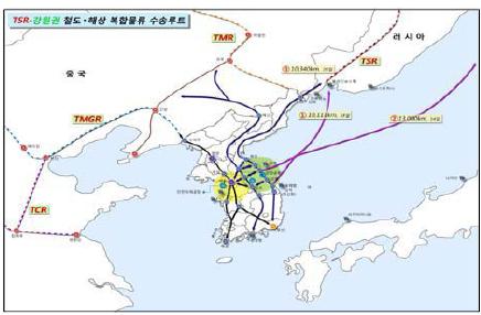 10 동해선철도남측미연결구간의조기추진 - 북한, 러시아, 중앙아시아, 유럽지역과의실질적인교류협력모델을성공시키기위해동해선 경원선 금강산철도와대륙횡단철도 (TSR,TCR) 의연결을추진 동해선의포항 삼척구간의조기완공및고성 ( 제진 ) 삼척구간 1) 의연결추진 교통결절점 (node)