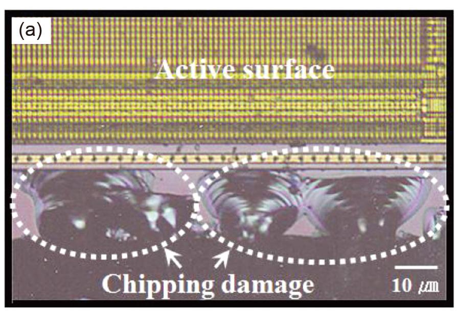 601 이성민 Fig. 7. Micrographs showing chipping damages in 3T thickness-chips diced at two different sawing speeds: (a) 80000 and (b) 20000 rpm. 취성파괴에의해분리되는것으로알려져있다 [1].