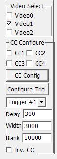 5.3 CC 관련기능 (1) Video Select selection 먼저 Trigger 를사용하기위한비디오채널을선택한다. (2) CC Configure selection Camera Option 으로 Camera Control 신호선을 CC1 ~ CC4 중에서선택할수있다. (CC3, CC4 는현재사용하지않는다.