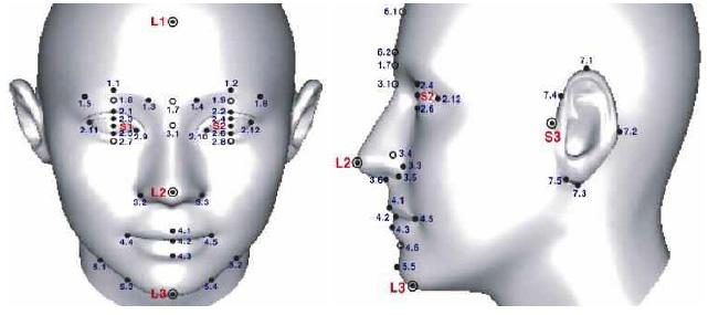 L3) 을잇는직선을얼굴길이로하고좌우귀앞점 (Figure 3. S3) 간거리를얼굴너비로하여길이와너비의비를고려하여형상전문가가넓은얼굴, 좁은얼굴로구분하였다. Figure 2.