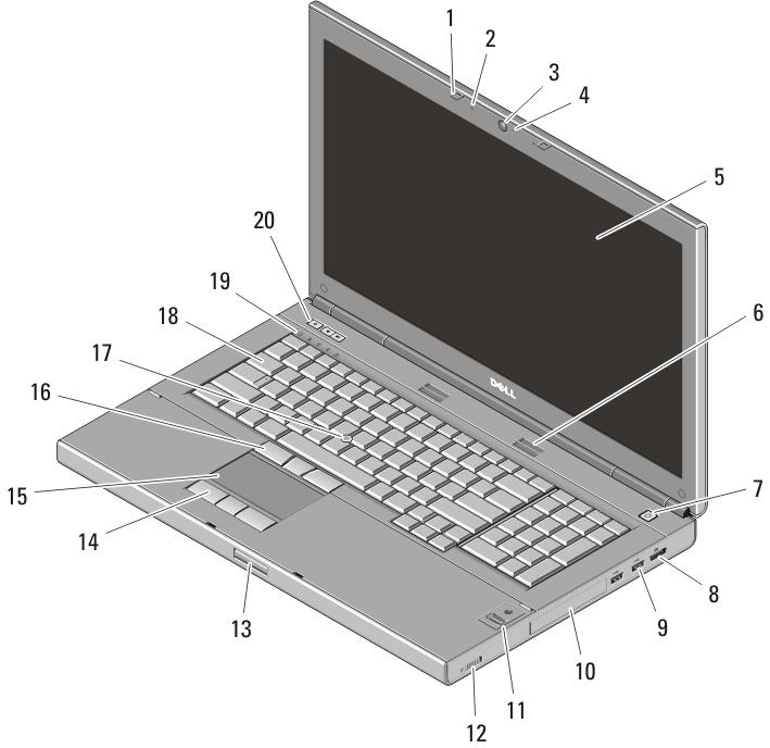 M6600 전면부및후면부모양 그림 3. 전면부모양 1. 디스플레이래치 (2 개 ) 2. 마이크 (2 개 ) 3. 카메라 4. 카메라 LED 5. 디스플레이 6. 스피커 (2 개 ) 7. 전원버튼 8. DisplayPort 커넥터 9. USB 3.