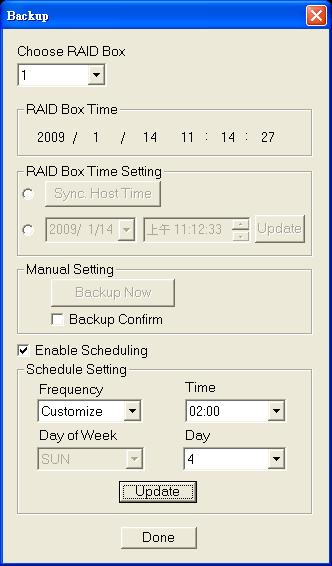 1. Choose RAID box: 구성할 RAID 케이스를선택하고 RAID 케이스만연결된경우 1 로남겨둡니다. 2. RAID box Time: RAID 케이스시계및날짜를보여줍니다.( 기본제공실시간시계 ) 3. RAID Box Time Setting: RAID 박스시간을설정하는방법에는두가지가있습니다. 1. 라디오버튼을체크하고 Sync Host Time 태그를클릭하여시스템시간을호스트와동기화하십시오.
