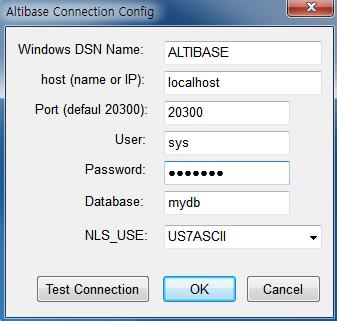 ALTIBASE HDB 용 ODBC 드라이버를선택하고 " 마침 " 을누른다. "Altibase Connection Config" 창이나타나면아래의속성들을 입력한다.